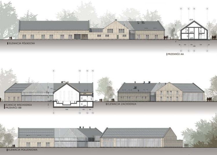 Budynek usługowy - elewacje i przekroje
