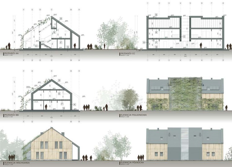 Budynek mieszkalny z użytkowym poddaszem - elewacje i przekroje