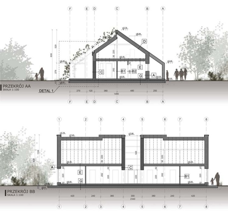 Budynek mieszkalny z poddaszem nieużytkowym - przekroje