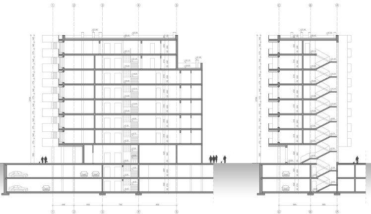 Zabudowa wielorodzinna - przekrój AA i przekrój BB